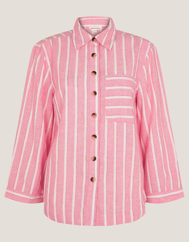 Tyra Linen-Blend Stripe Shirt, Pink (PINK), large