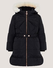 Bow Hooded Puffer Coat, Black (BLACK), large