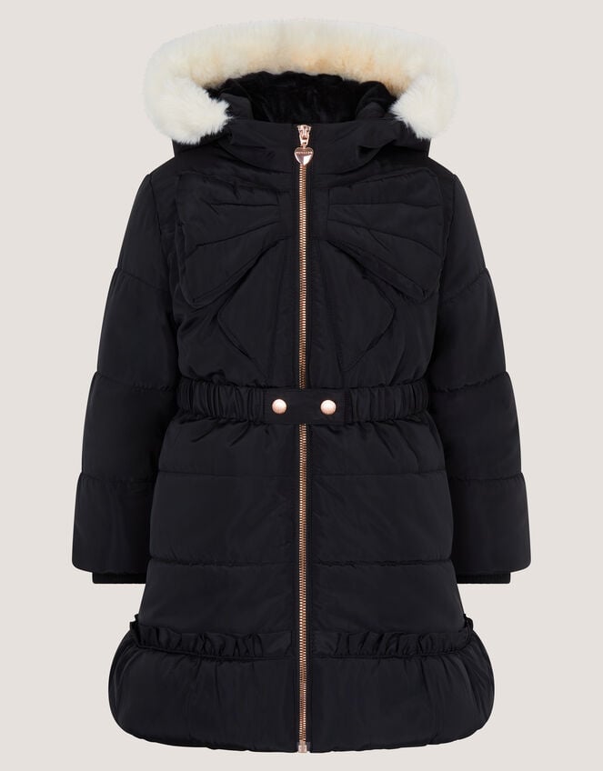 Bow Hooded Puffer Coat, Black (BLACK), large