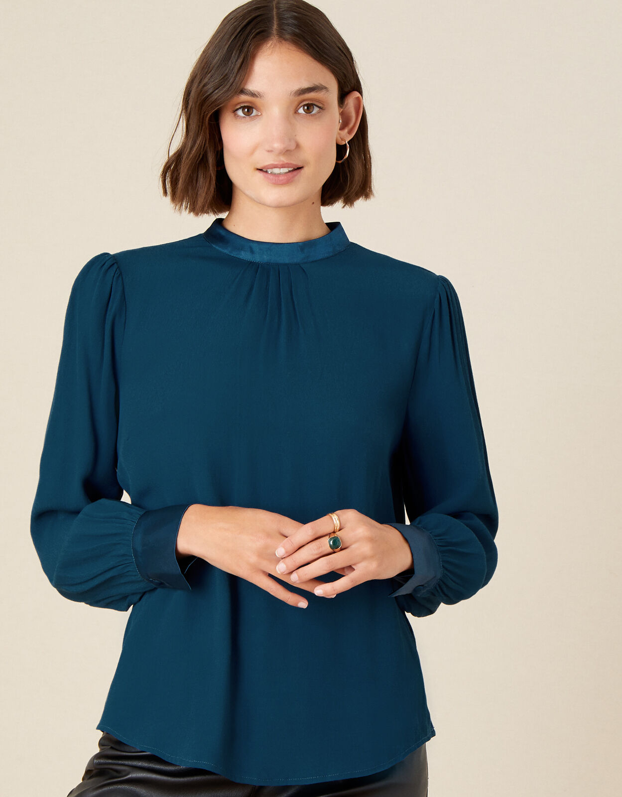 High Neck Pleated Long Sleeve Blouse Teal Tops T shirts