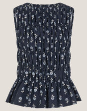 Denis Sleeveless Smocked Floral Top, Blue (NAVY), large