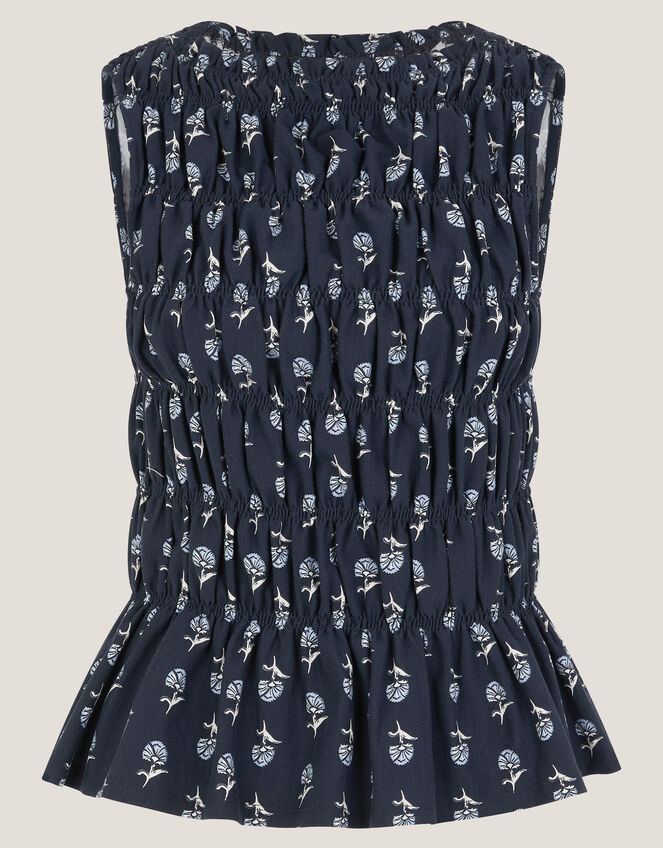 Denis Sleeveless Smocked Floral Top, Blue (NAVY), large