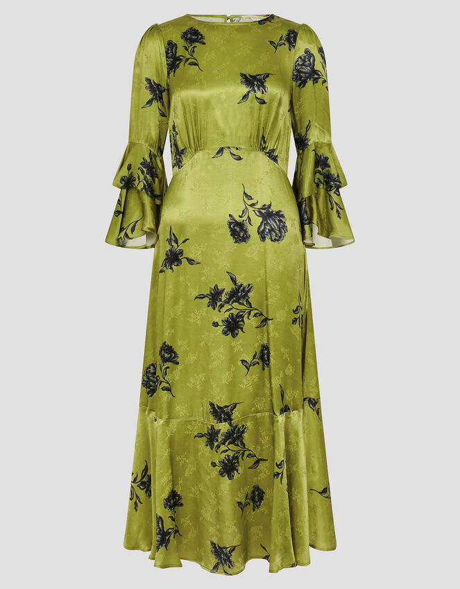 Pelia Satin Ruffle Midi Dress, Green (CHARTREUSE), large