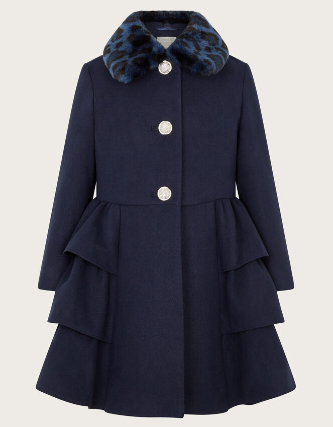 Faux Fur Collar Peplum Coat, Blue (NAVY), large