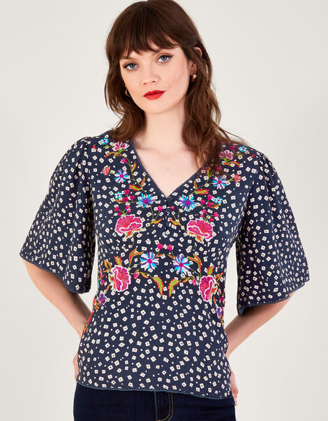 Rory Embroidered Tea Top, Blue (NAVY), large