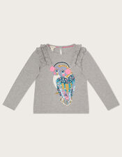 Owl Long Sleeve T-Shirt in Sustainable Cotton, Grey (GREY), large