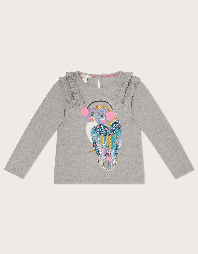 Owl Long Sleeve T-Shirt in Sustainable Cotton, Grey (GREY), large