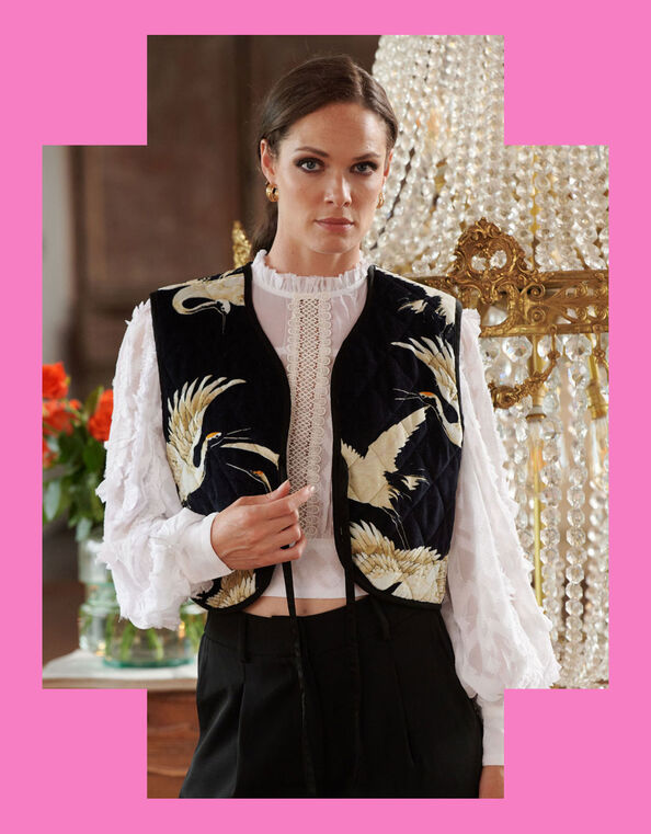 One Hundred Stars Print Velvet Gilet, Black (BLACK), large