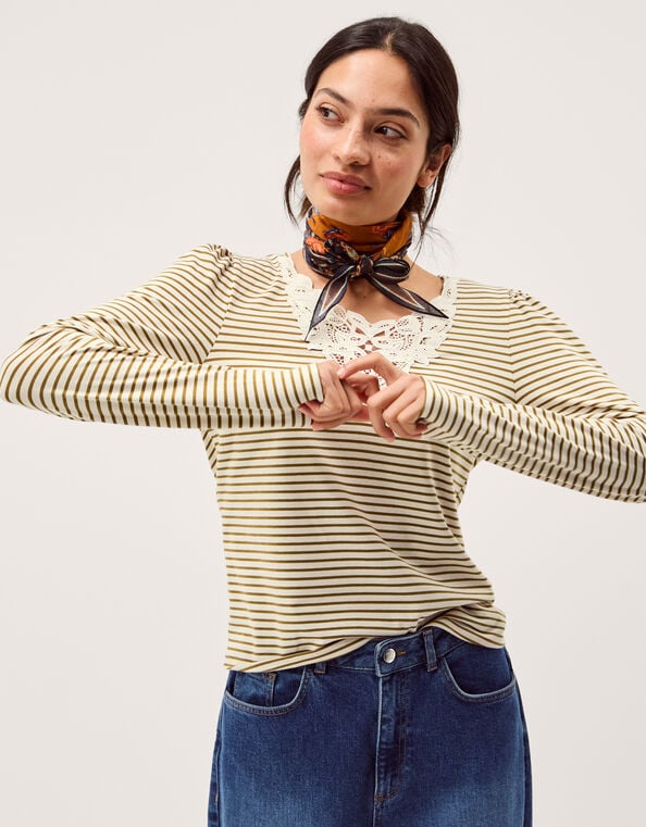 Lauren Lace Stripe Jersey Top, Ivory (IVORY), large
