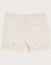 Broderie Schiffli Denim Shorts, White (WHITE), large