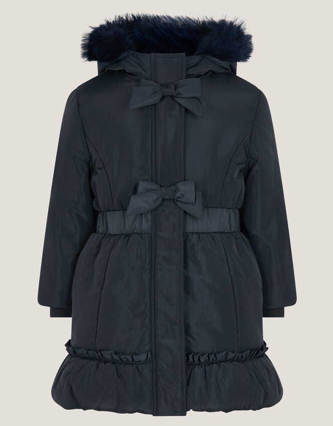 Frill Bow Hooded Coat, Blue (NAVY), large