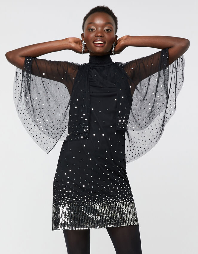 Kimberley Sequin Cape Dress, Black (BLACK), large