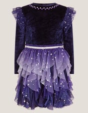 Cosmic Velour Long Sleeve Disco Dress, Blue (NAVY), large
