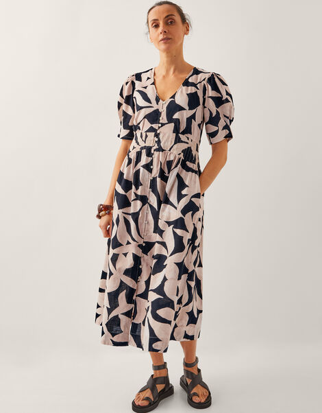 Annie Puff-Sleeve Midi Dress, Black (BLACK), large