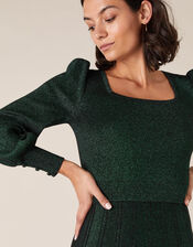 Square Neck Metallic Knit Dress, Green (GREEN), large