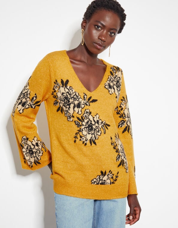 Jess V-Neck Floral Jacquard Sweater, Yellow (OCHRE), large