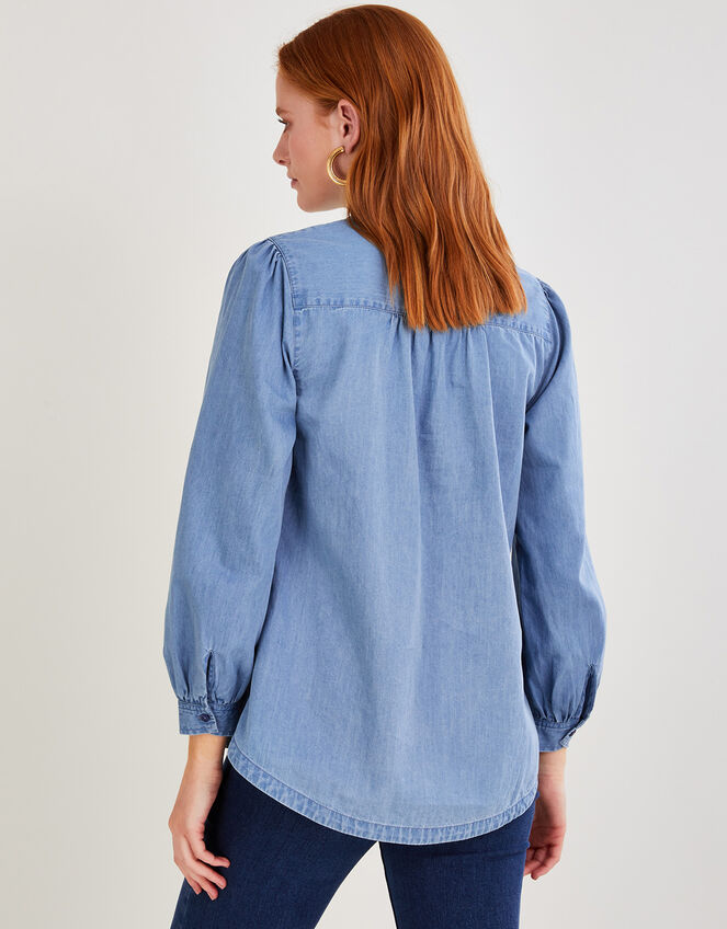 Denim Embroidered Long Sleeve Top, Blue (DENIM BLUE), large