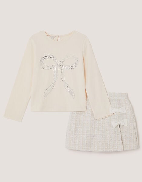 Embellished Bow Top & Tweed Skort Set, Ivory (IVORY), large
