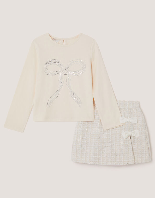 Embellished Bow Top & Tweed Skort Set, Ivory (IVORY), large