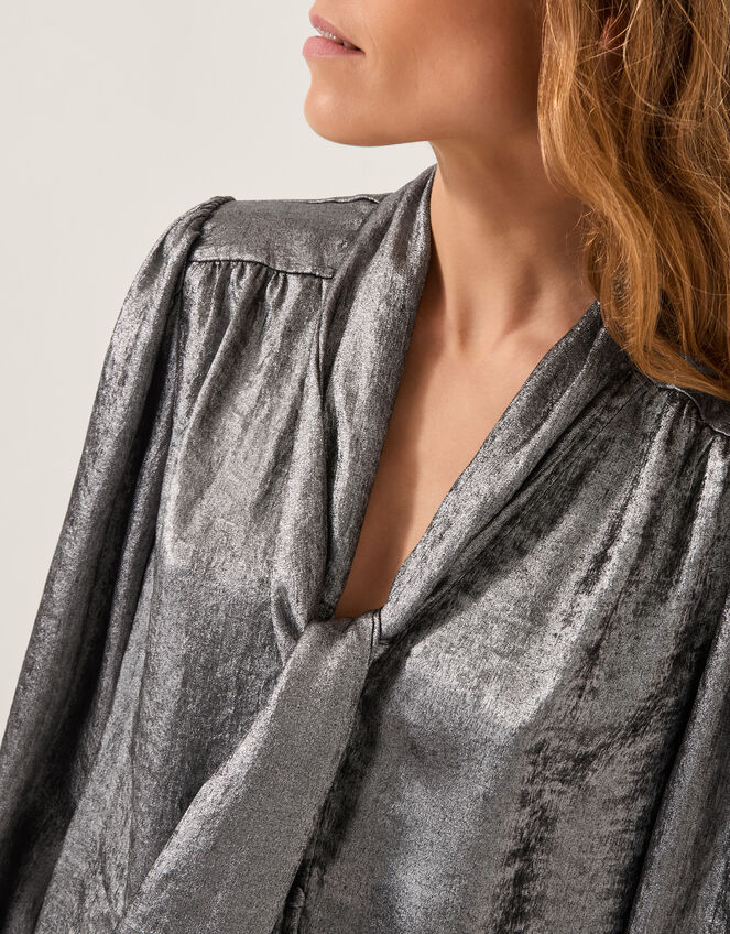 Milena Metallic Tie Neck Blouse, Silver (SILVER), large