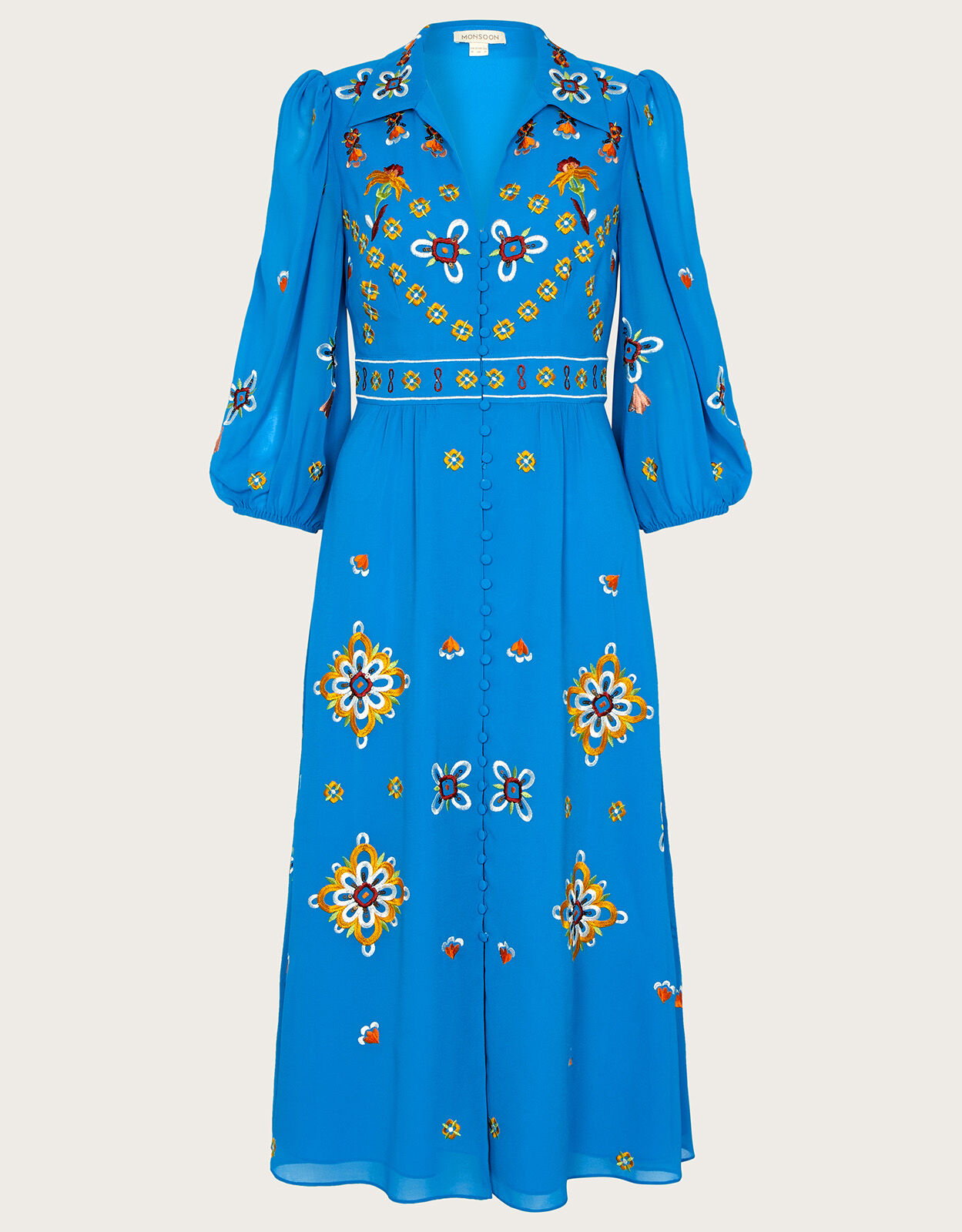 Blair Embroidered Shirt Dress in Recycled Polyester Blue Evening Dresses Monsoon ROI