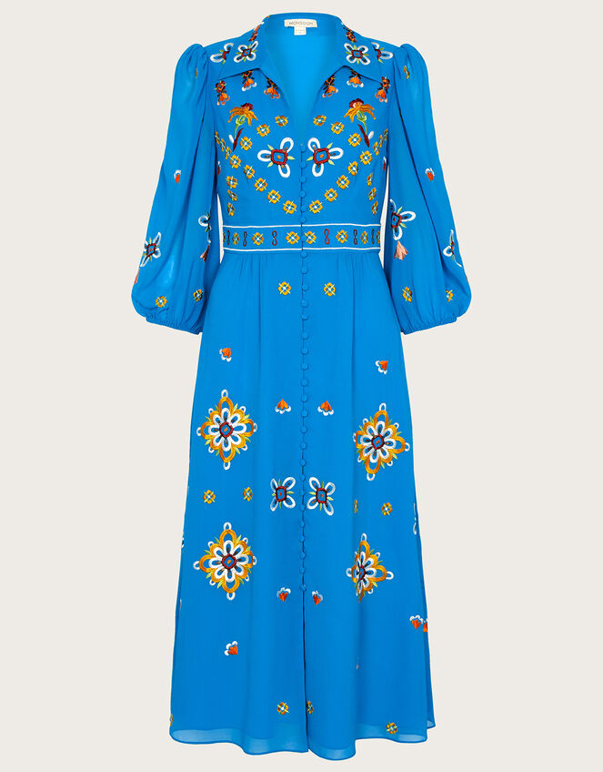 Blair Embroidered Shirt Dress in Recycled Polyester, Blue (BLUE), large