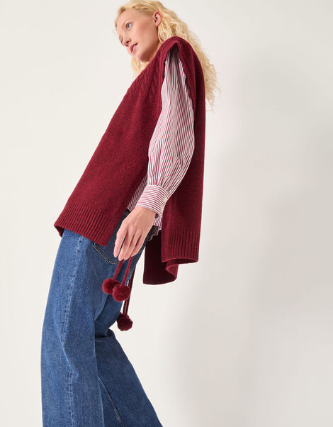 Coco Sleeveless Cable Knit Poncho, Red (BURGUNDY), large