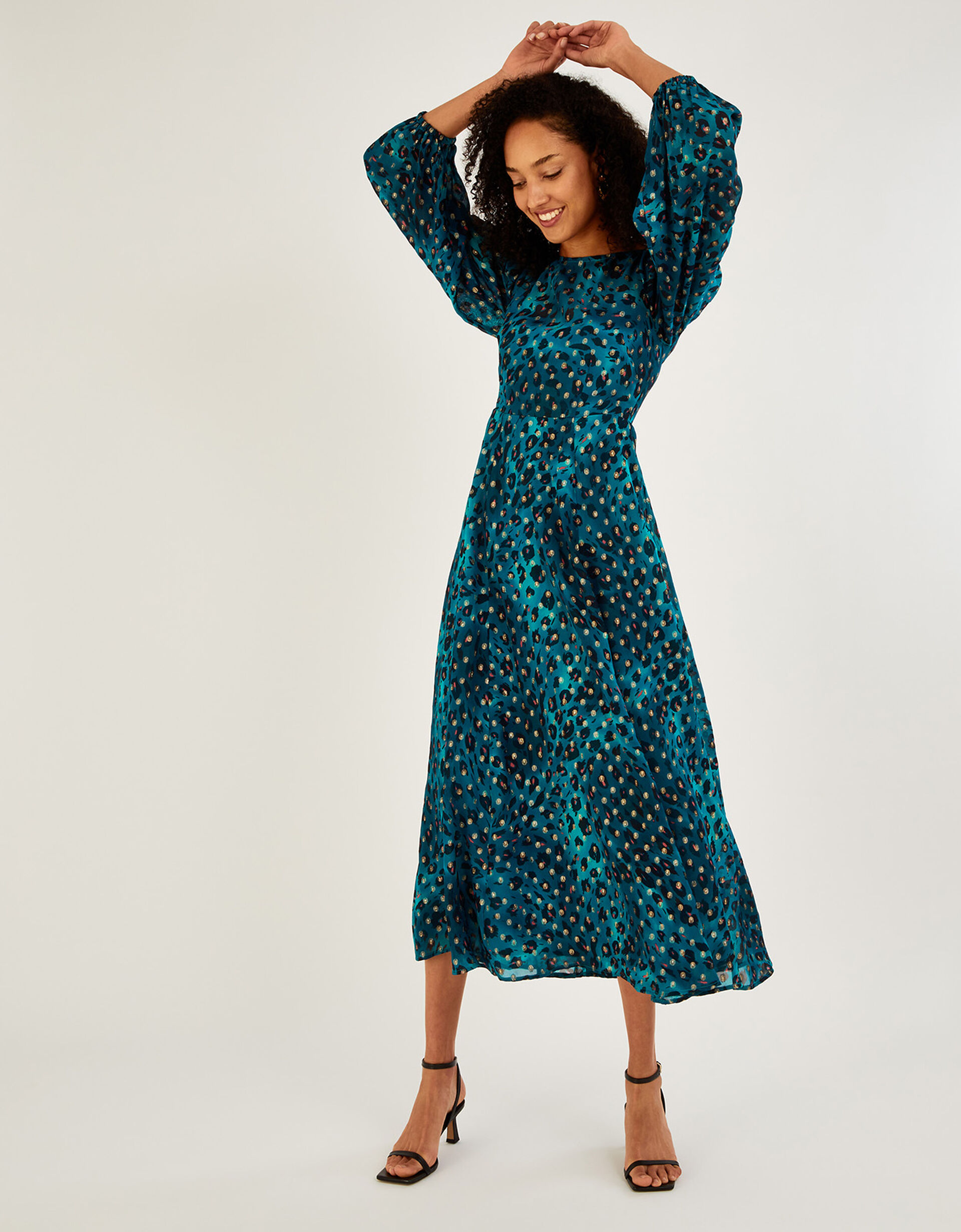 Teal and soft pink women’s animal print long sleeve midi dress. main image 1
