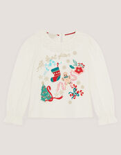 Embellished Christmas Long Sleeve Top, Ivory (IVORY), large