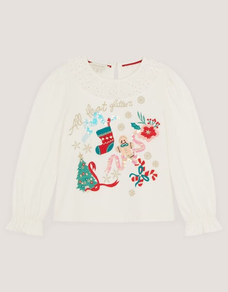 Embellished Christmas Long Sleeve Top, Ivory (IVORY), large