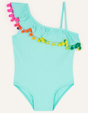 Textured Pom-Pom Swimsuit with Recycled Polyester, Blue (AQUA), large