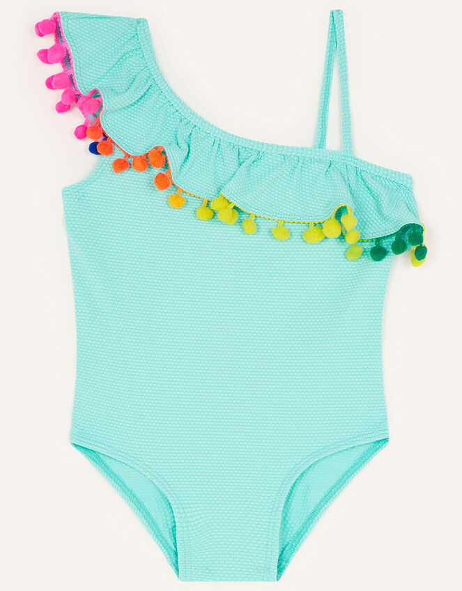 Textured Pom-Pom Swimsuit with Recycled Polyester, Blue (AQUA), large