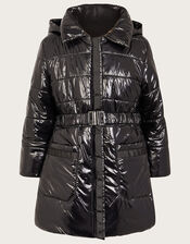 High Shine Ruffle Padded Coat, Black (BLACK), large