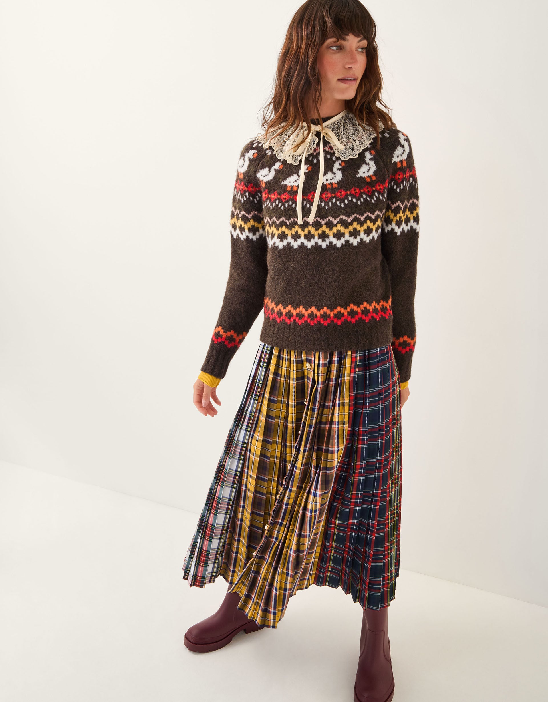 Monsoon x Sarah Corbett-Winder Tartan Pleated Midi Skirt Yellow