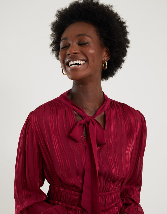Lily Metallic Pussybow Blouse , Red (BURGUNDY), large