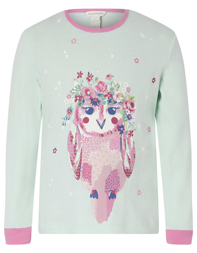 Owl Jersey and Woven Pyjama Set in Organic Cotton, Blue (AQUA), large