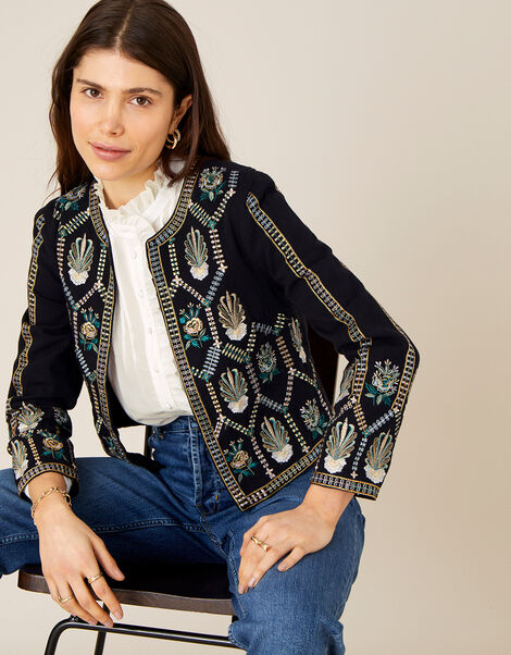 Embroidered Cropped Jacket with Organic Cotton  Black, Black (BLACK), large