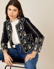 Embroidered Cropped Jacket with Organic Cotton , Black (BLACK), large