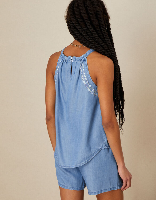 Denim Embellished Halter Top, Blue (BLUE), large