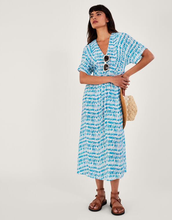 Tie Dye Print Shirred Bodice Kaftan Dress, Blue (BLUE), large