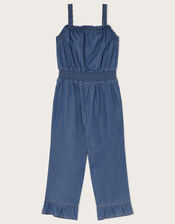 Chambray Frill Hem Jumpsuit, Blue (BLUE), large