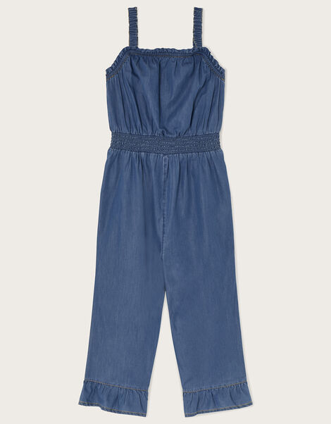 Chambray Frill Hem Jumpsuit, Blue (BLUE), large
