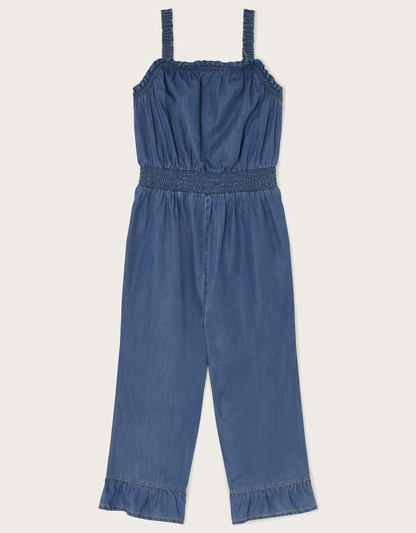 Chambray Frill Hem Jumpsuit, Blue (BLUE), large