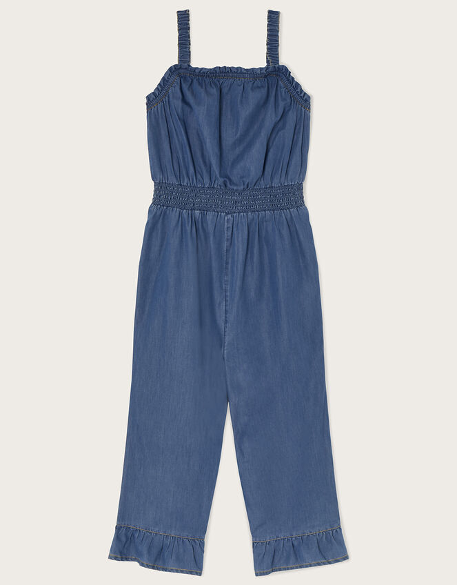 Chambray Frill Hem Jumpsuit, Blue (BLUE), large