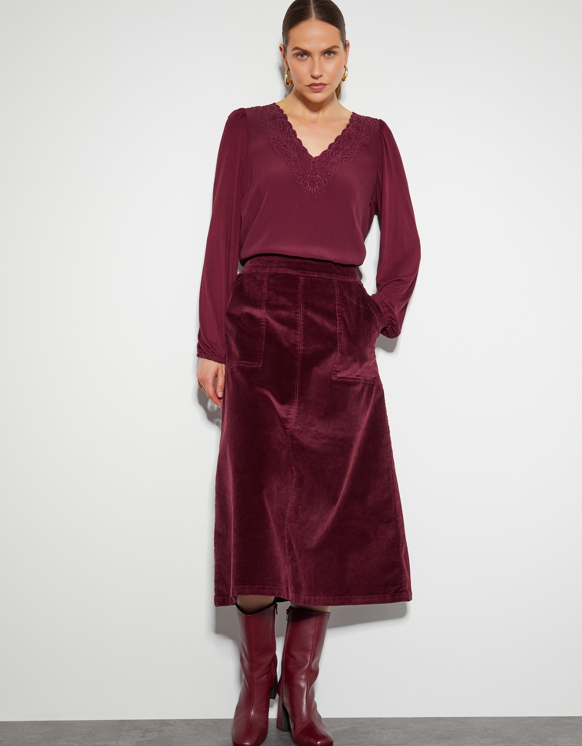 Red corduroy midi skirt outlet