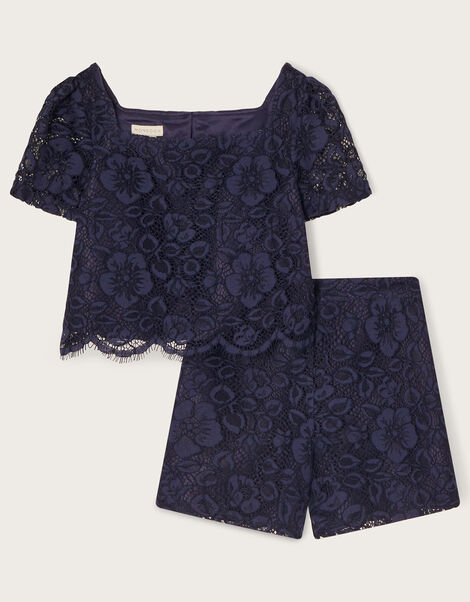 Corded Lace Top and Shorts Set, Blue (NAVY), large