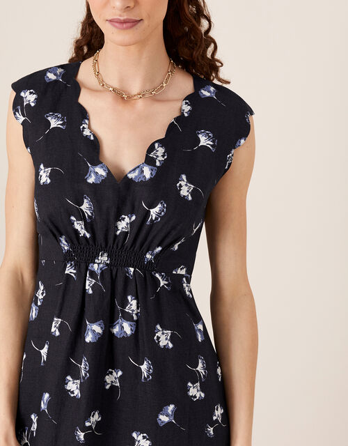 Floral Midi Dress in Pure Linen, Blue (NAVY), large