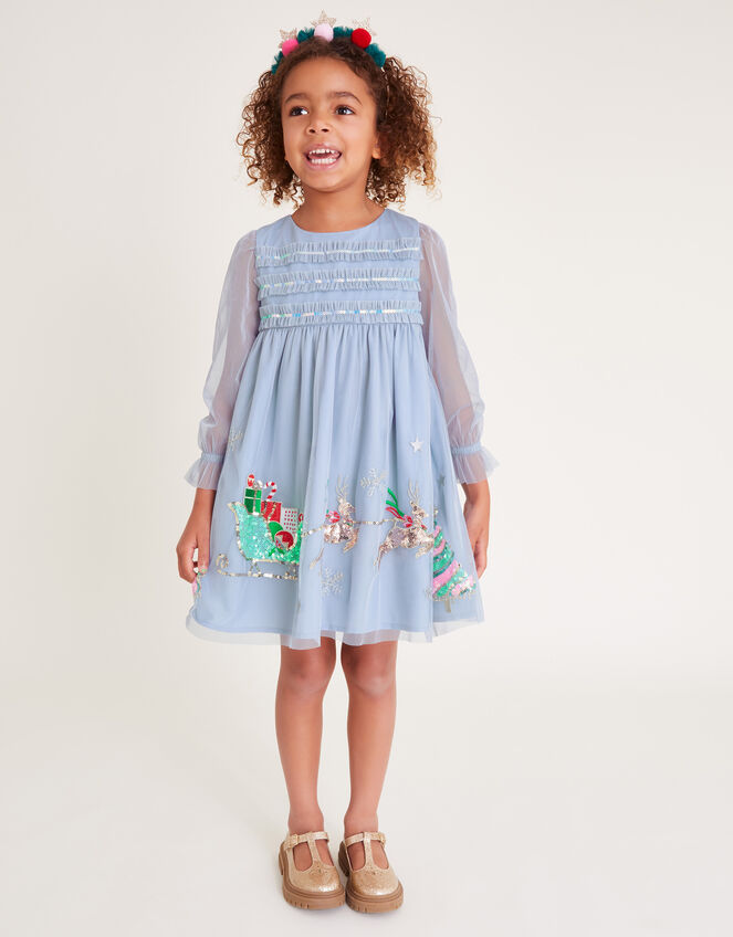 Sequin Christmas Scene Trapeze Dress, Blue (BLUE), large