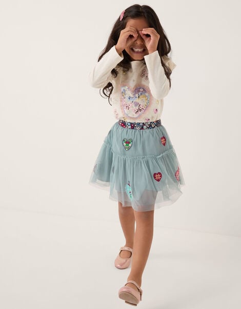 Heart Embellished Tulle Skirt, Green (GREEN), large