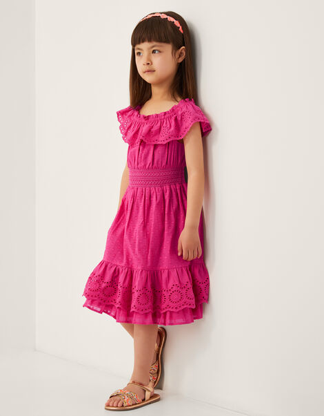 Broderie Frill Polka Dot Dress, Pink (PINK), large